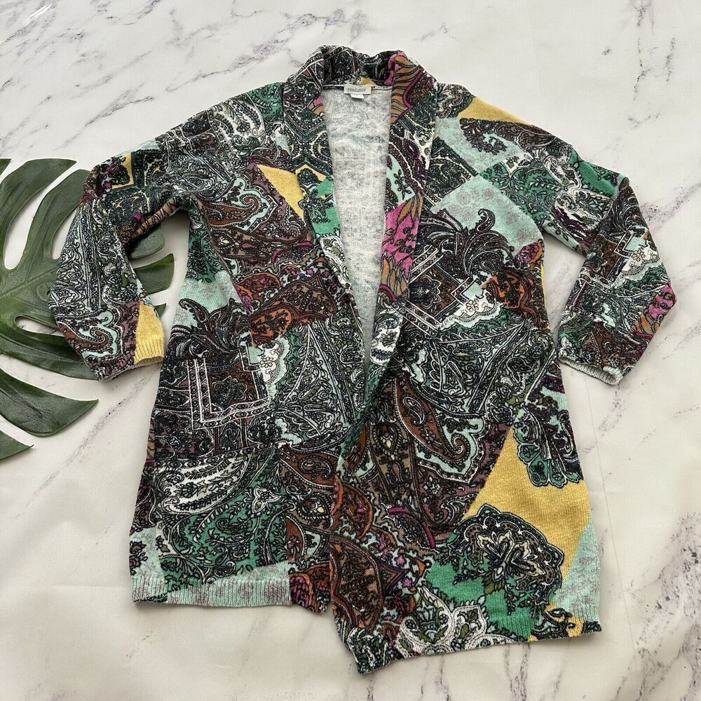 Sundance Womens Open Front Cardigan Sweater Size S Blue Pink Paisley Floral